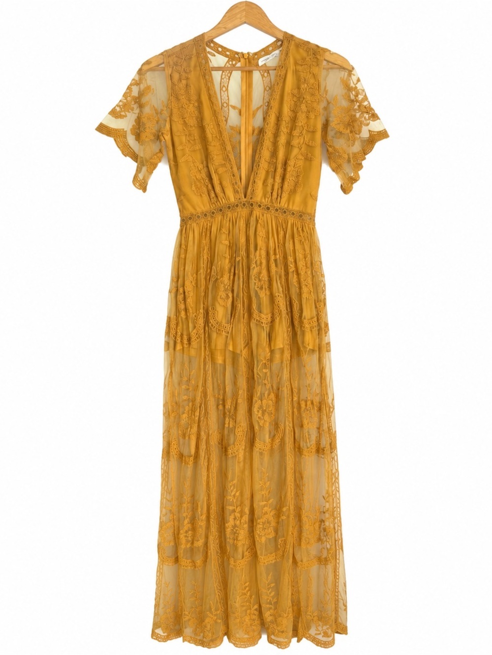 Honey Punch Women’s Mustard Lace Maxi Dress/Romper, Size Small - Picture 2 of 8